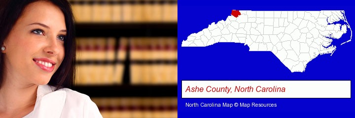 a young, female attorney in a law library; Ashe County, North Carolina highlighted in red on a map