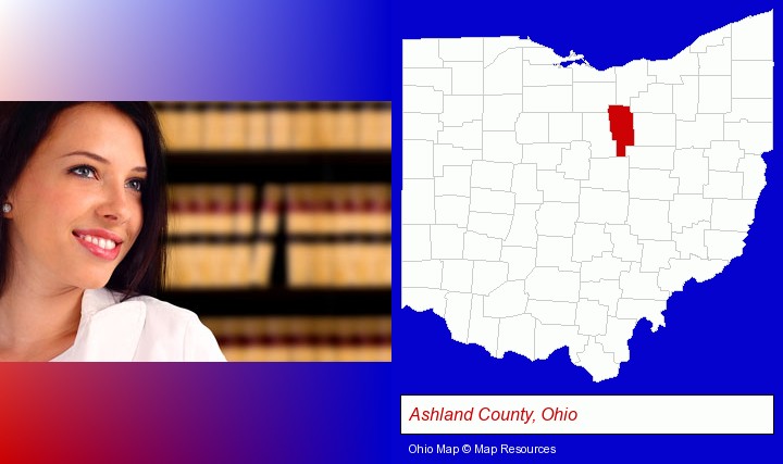 a young, female attorney in a law library; Ashland County, Ohio highlighted in red on a map