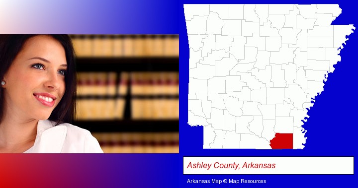a young, female attorney in a law library; Ashley County, Arkansas highlighted in red on a map