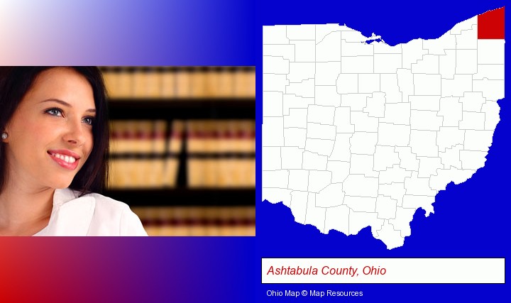 a young, female attorney in a law library; Ashtabula County, Ohio highlighted in red on a map