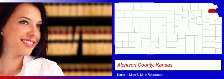 a young, female attorney in a law library; Atchison County, Kansas highlighted in red on a map