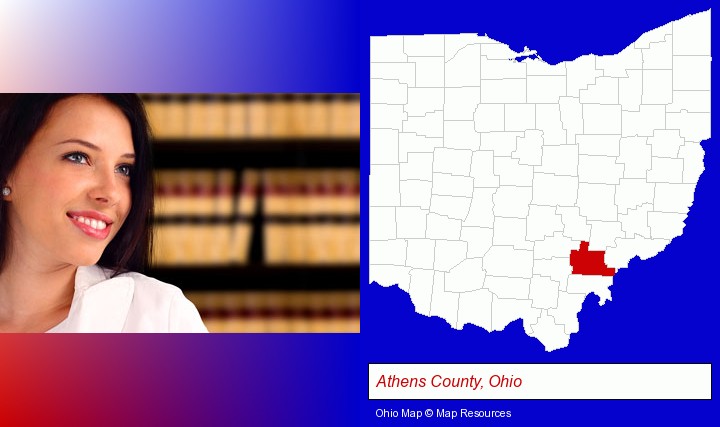 a young, female attorney in a law library; Athens County, Ohio highlighted in red on a map