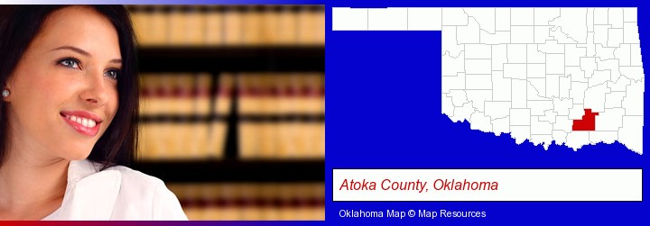 a young, female attorney in a law library; Atoka County, Oklahoma highlighted in red on a map