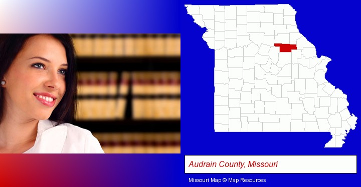 a young, female attorney in a law library; Audrain County, Missouri highlighted in red on a map