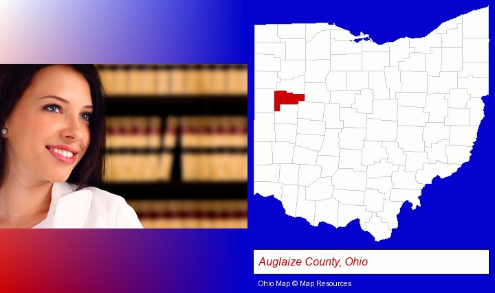 a young, female attorney in a law library; Auglaize County, Ohio highlighted in red on a map