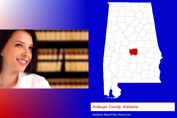 a young, female attorney in a law library; Autauga County, Alabama highlighted in red on a map