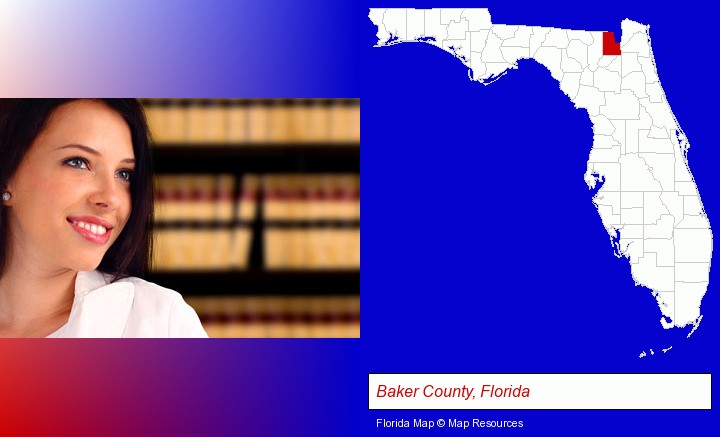 a young, female attorney in a law library; Baker County, Florida highlighted in red on a map
