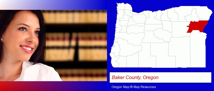 a young, female attorney in a law library; Baker County, Oregon highlighted in red on a map