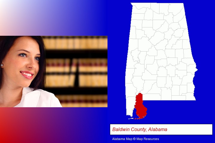 a young, female attorney in a law library; Baldwin County, Alabama highlighted in red on a map