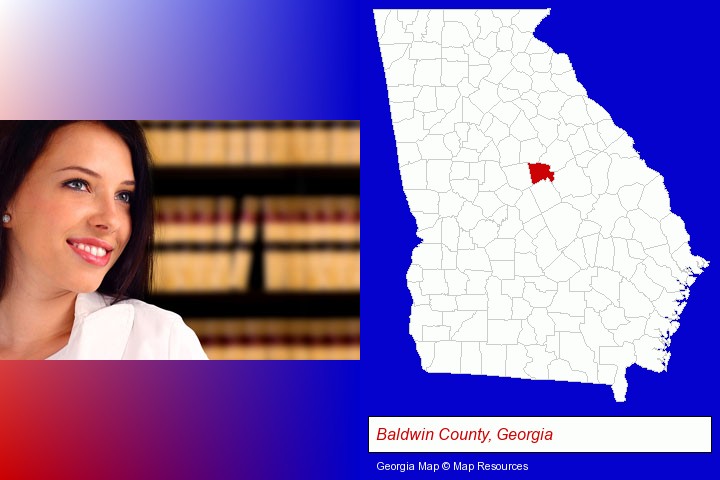 a young, female attorney in a law library; Baldwin County, Georgia highlighted in red on a map