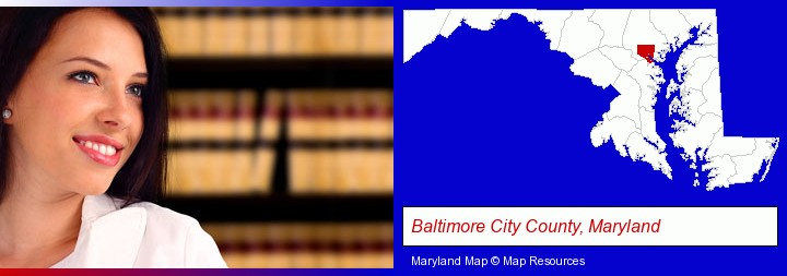 a young, female attorney in a law library; Baltimore City County, Maryland highlighted in red on a map