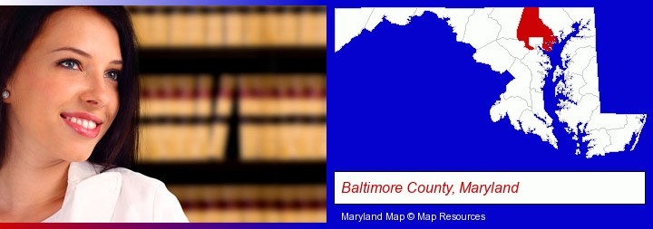 a young, female attorney in a law library; Baltimore County, Maryland highlighted in red on a map