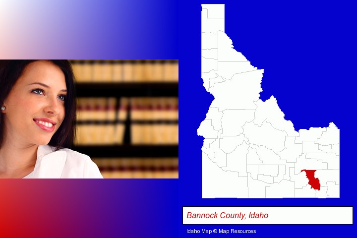 a young, female attorney in a law library; Bannock County, Idaho highlighted in red on a map