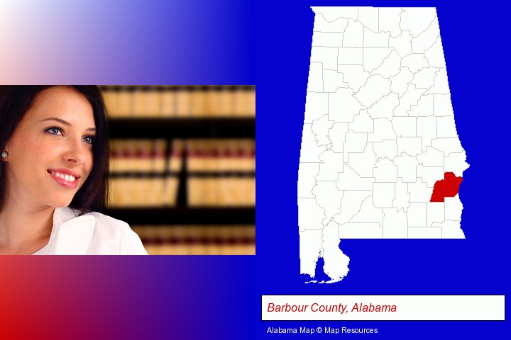 a young, female attorney in a law library; Barbour County, Alabama highlighted in red on a map