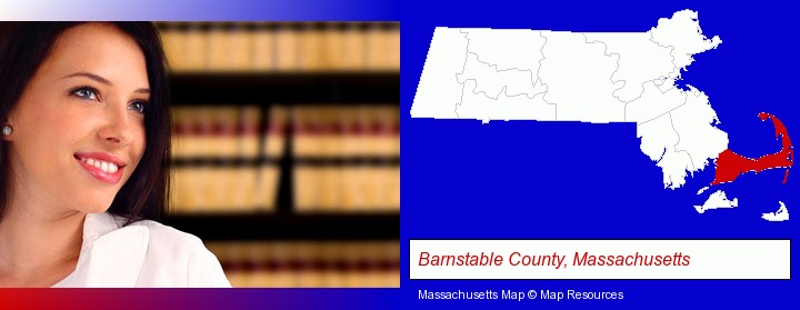 a young, female attorney in a law library; Barnstable County, Massachusetts highlighted in red on a map