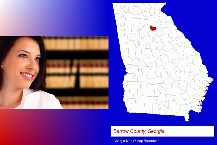 a young, female attorney in a law library; Barrow County, Georgia highlighted in red on a map