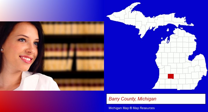 a young, female attorney in a law library; Barry County, Michigan highlighted in red on a map