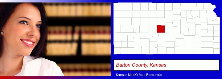 a young, female attorney in a law library; Barton County, Kansas highlighted in red on a map