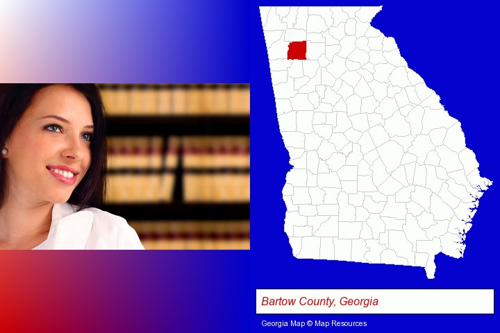 a young, female attorney in a law library; Bartow County, Georgia highlighted in red on a map
