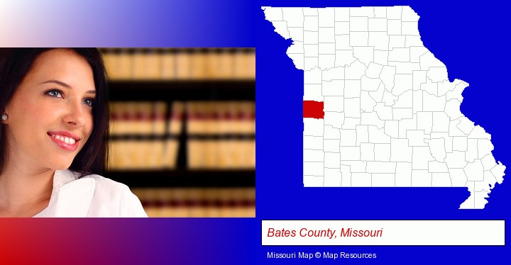a young, female attorney in a law library; Bates County, Missouri highlighted in red on a map