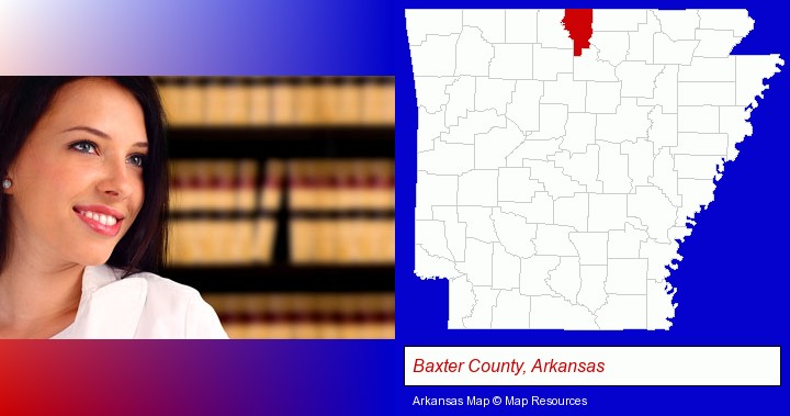 a young, female attorney in a law library; Baxter County, Arkansas highlighted in red on a map