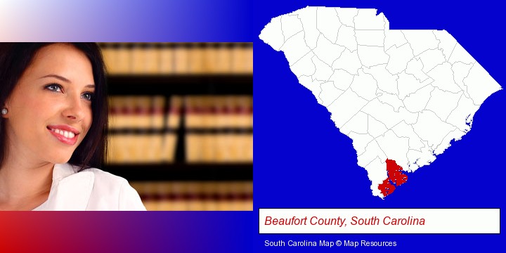 a young, female attorney in a law library; Beaufort County, South Carolina highlighted in red on a map