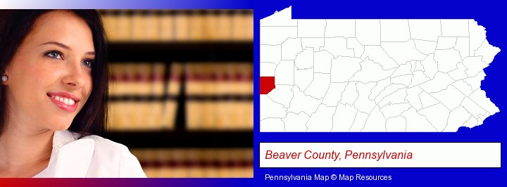 a young, female attorney in a law library; Beaver County, Pennsylvania highlighted in red on a map