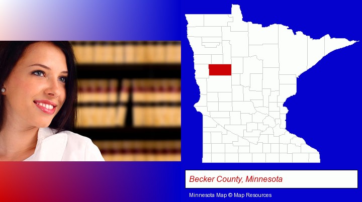 a young, female attorney in a law library; Becker County, Minnesota highlighted in red on a map