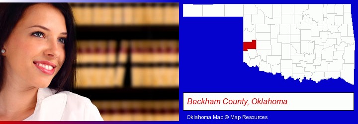 a young, female attorney in a law library; Beckham County, Oklahoma highlighted in red on a map