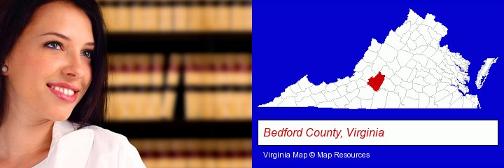 a young, female attorney in a law library; Bedford County, Virginia highlighted in red on a map