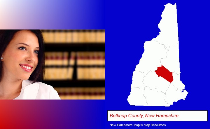 a young, female attorney in a law library; Belknap County, New Hampshire highlighted in red on a map