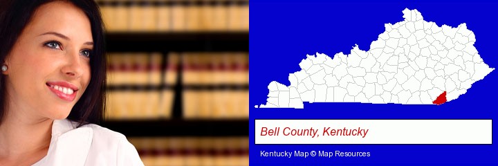 a young, female attorney in a law library; Bell County, Kentucky highlighted in red on a map