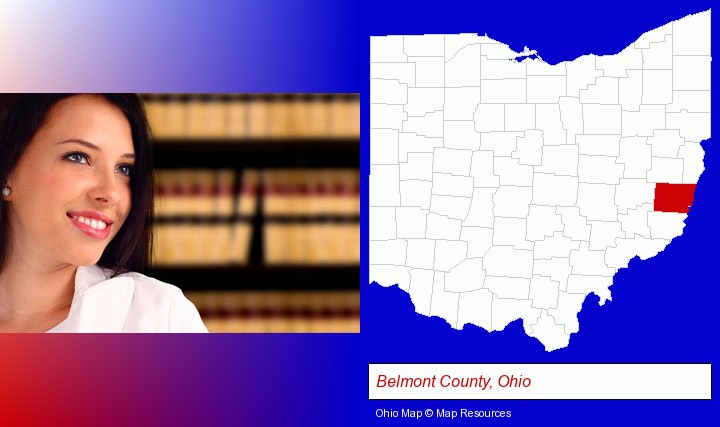 a young, female attorney in a law library; Belmont County, Ohio highlighted in red on a map