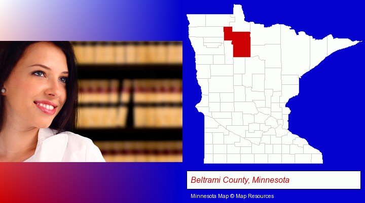 a young, female attorney in a law library; Beltrami County, Minnesota highlighted in red on a map