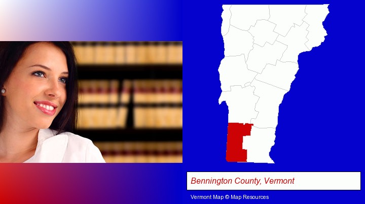 a young, female attorney in a law library; Bennington County, Vermont highlighted in red on a map
