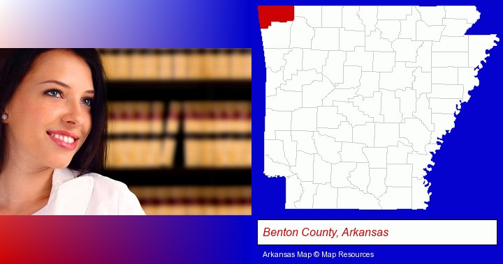 a young, female attorney in a law library; Benton County, Arkansas highlighted in red on a map