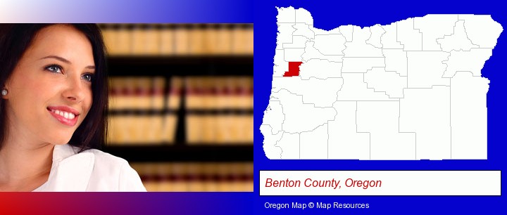 a young, female attorney in a law library; Benton County, Oregon highlighted in red on a map