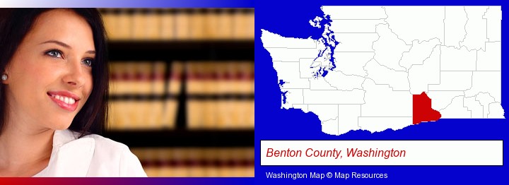 a young, female attorney in a law library; Benton County, Washington highlighted in red on a map
