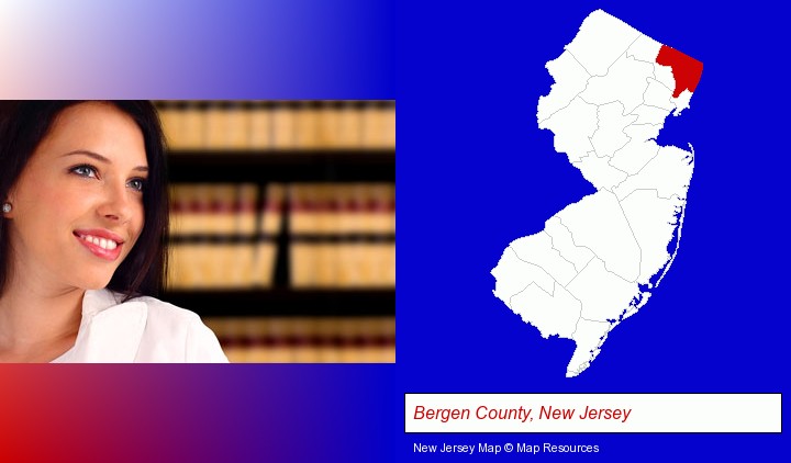 a young, female attorney in a law library; Bergen County, New Jersey highlighted in red on a map