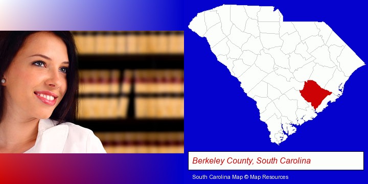 a young, female attorney in a law library; Berkeley County, South Carolina highlighted in red on a map