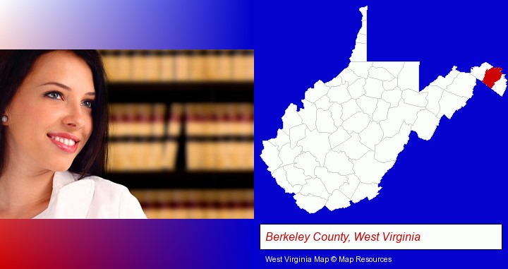 a young, female attorney in a law library; Berkeley County, West Virginia highlighted in red on a map