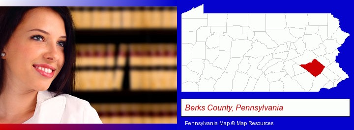 a young, female attorney in a law library; Berks County, Pennsylvania highlighted in red on a map