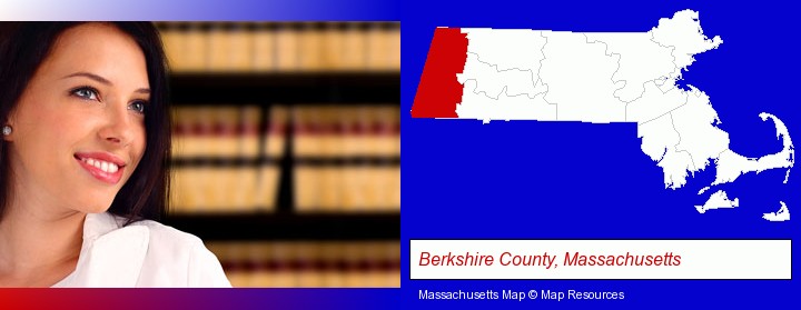 a young, female attorney in a law library; Berkshire County, Massachusetts highlighted in red on a map