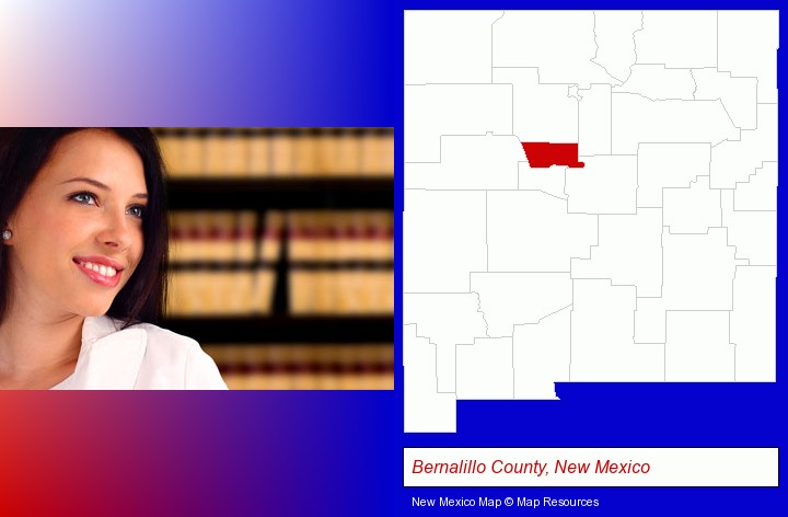 a young, female attorney in a law library; Bernalillo County, New Mexico highlighted in red on a map