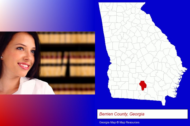 a young, female attorney in a law library; Berrien County, Georgia highlighted in red on a map