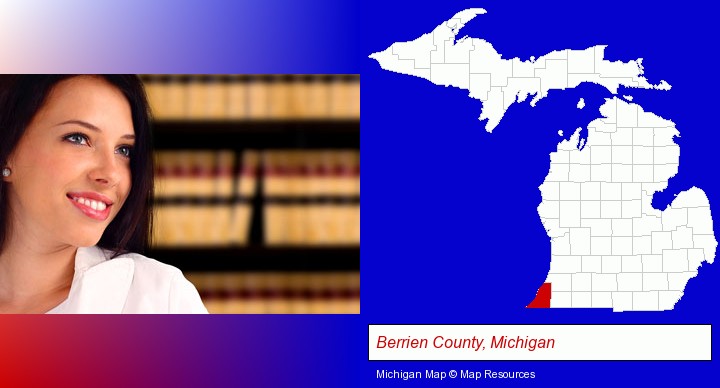 a young, female attorney in a law library; Berrien County, Michigan highlighted in red on a map
