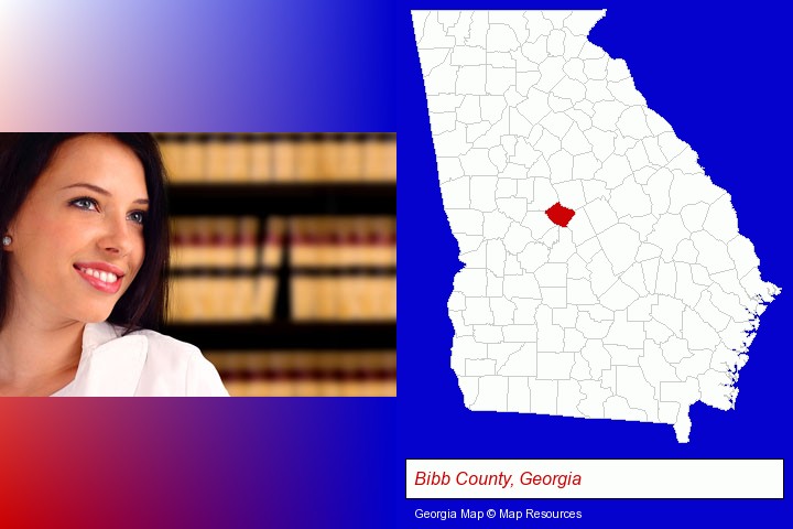 a young, female attorney in a law library; Bibb County, Georgia highlighted in red on a map