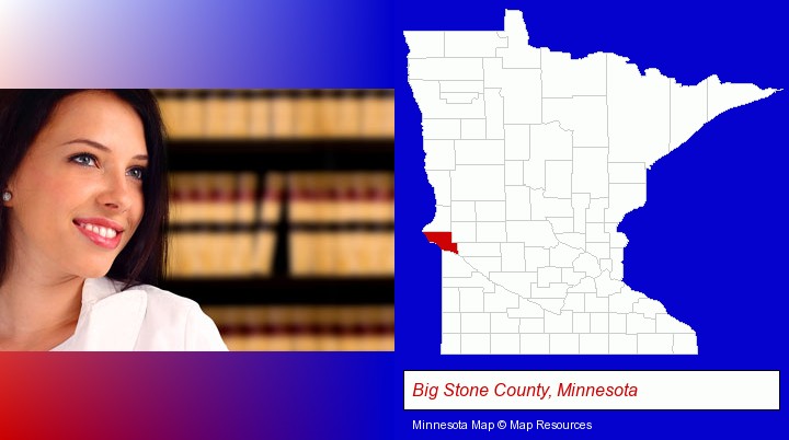 a young, female attorney in a law library; Big Stone County, Minnesota highlighted in red on a map