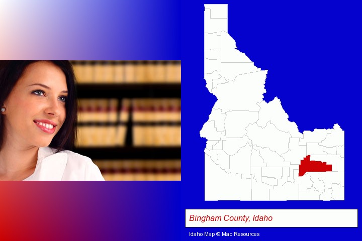 a young, female attorney in a law library; Bingham County, Idaho highlighted in red on a map