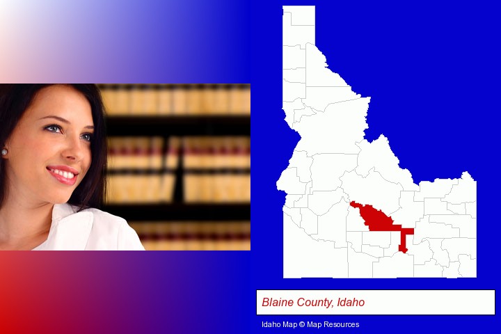 a young, female attorney in a law library; Blaine County, Idaho highlighted in red on a map